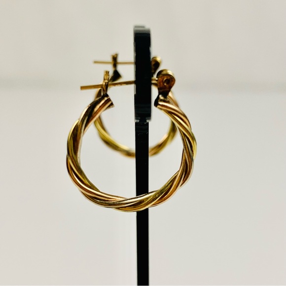 14K Tri-Color Small Twisted Hoop Earrings - Picture 6 of 12